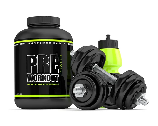 3d render of pre-workout powder with drink and dumbbells — Stock Photo, Image