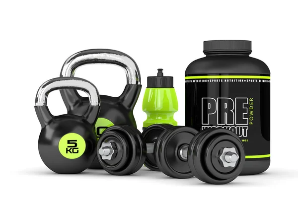 3d render of pre-workout powder with dumbbells and kettlebell — Stock Photo, Image