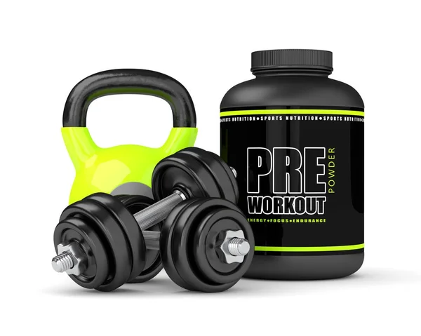 3d render of pre-workout powder with dumbbells and kettlebell — Stock Photo, Image