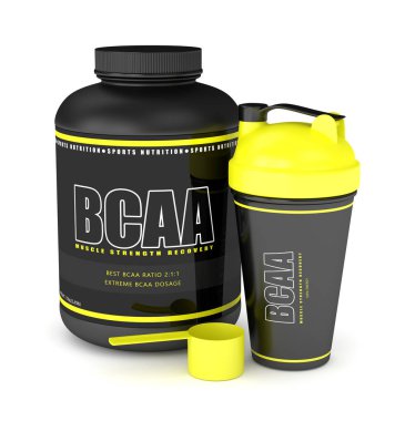 Bcaa tozu dumbell ve shaker ile 3D render