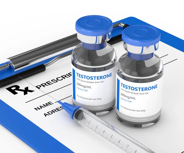 Renderização 3d de frascos para injetáveis de testosterona com seringa — Fotografia de Stock