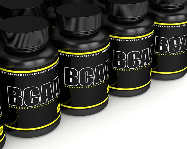 3d renderização de garrafas BCAA com pílulas em linha — Fotografia de Stock