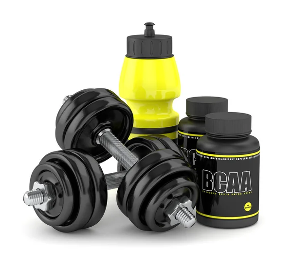 3d render of BCAA bottle with dumbbells and water bottle — Stock Photo, Image