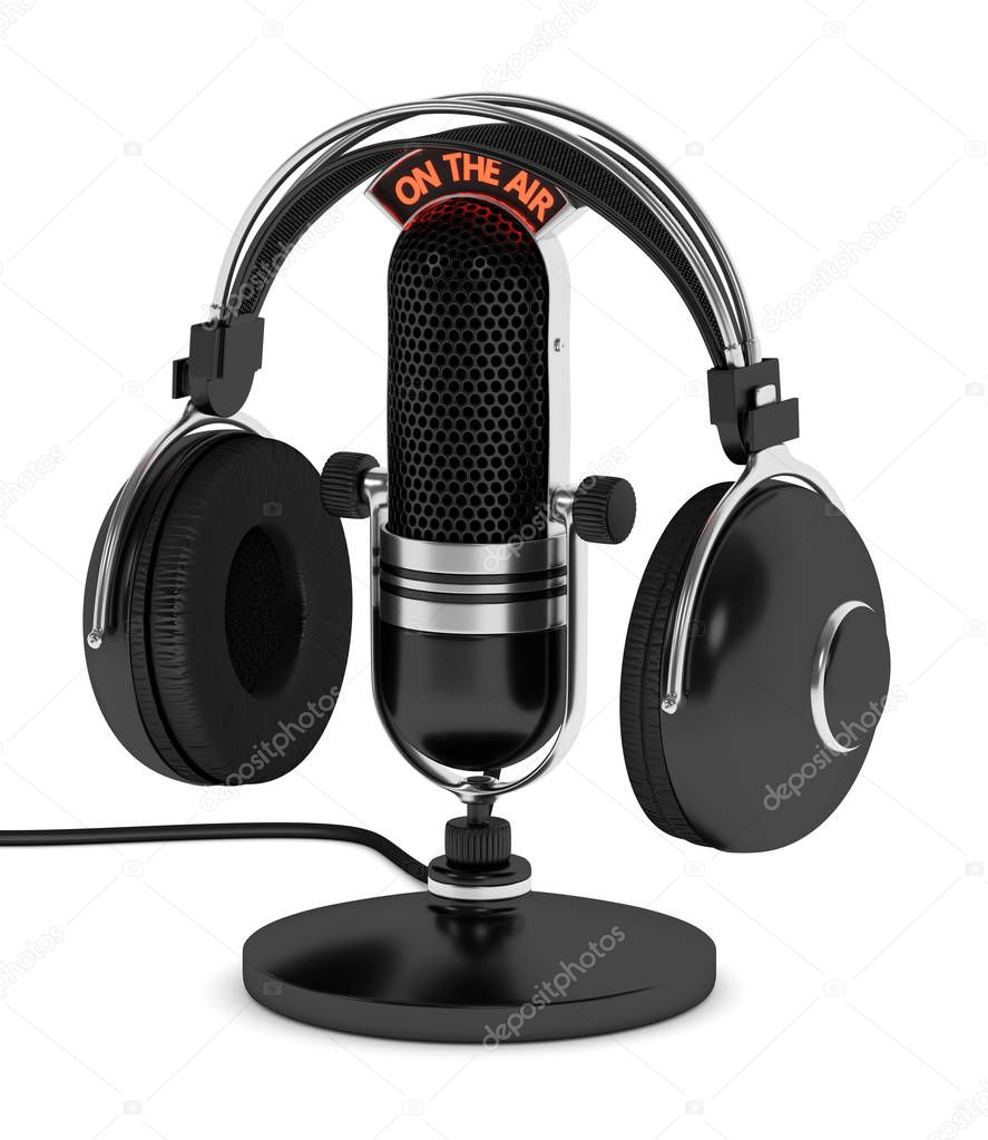 3d render of microphone with headphones