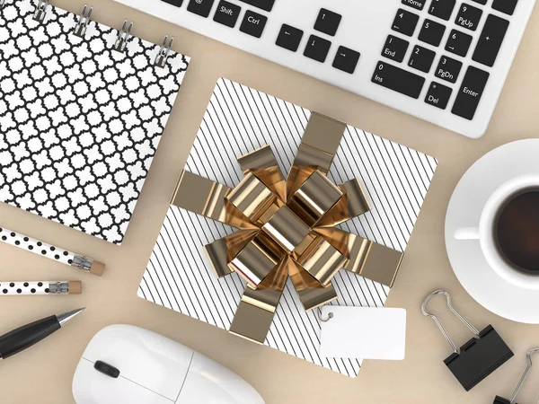 3D renderizado de espacio de trabajo vista superior con regalo — Foto de Stock