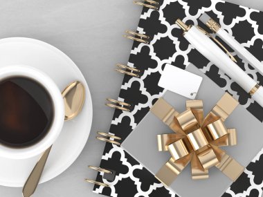 Üstten Görünüm hediye, kahve ve office araçları 3D render