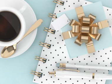 Üstten Görünüm hediye, kahve ve office araçları 3D render