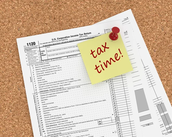 Note with tax time text and 1120 tax form — Stock Photo, Image