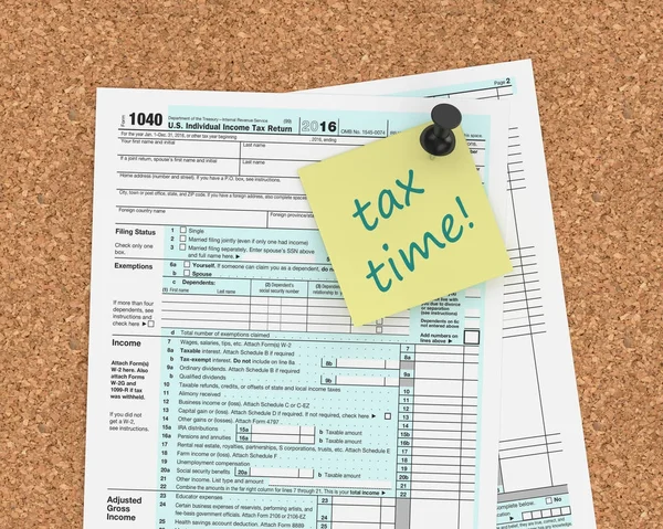 Note with tax time text and 1040 tax form — Stock Photo, Image