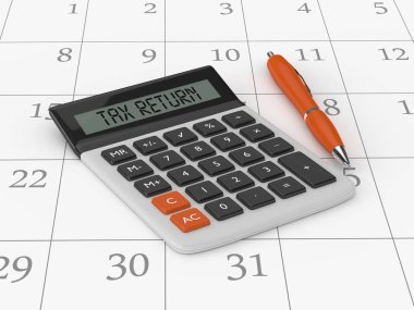 3d rendering of calculator with tax return text clipart