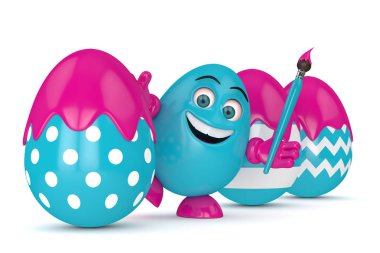 3D render Paskalya yumurta boya fırçası ile karikatür