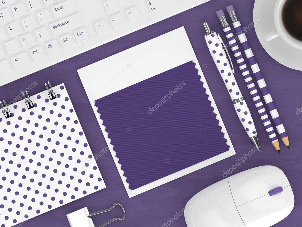 3d render of workspace with ultra violet swatch card