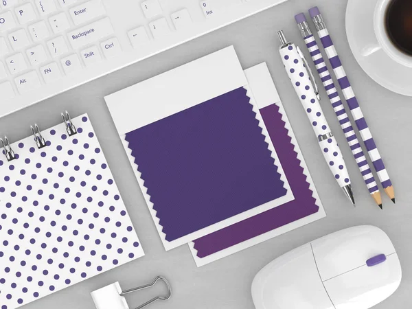 3d render of top view of stationery and textile color swatches