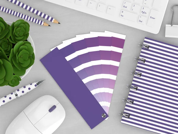 3d renderização de artigos de papelaria com guia de paleta de cores — Fotografia de Stock