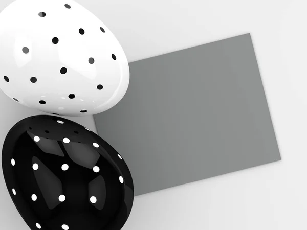 3D renderização de ovos de Páscoa com cartão em branco — Fotografia de Stock