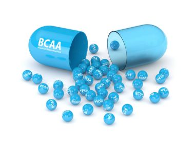 3D render Bcaa hap ve üzerinde beyaz granül