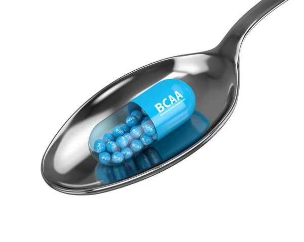 3d redare a pilulei BCAA cu granule pe lingură — Fotografie, imagine de stoc