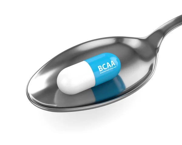 Renderização 3d da pílula BCAA na colher — Fotografia de Stock