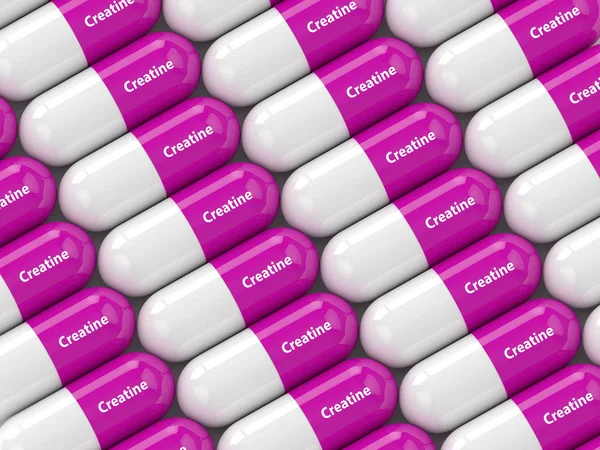 Rendering 3d di pillole di creatina in fila — Foto Stock