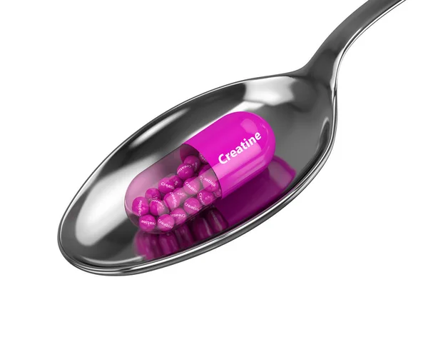 3d render of creatine pill with granules on spoon — Stock Photo, Image