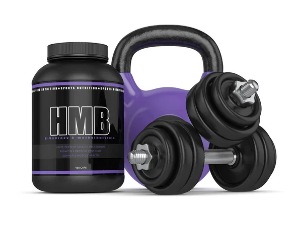 3d render of HMB container with kettlebell and dumbbells — Stock Photo, Image