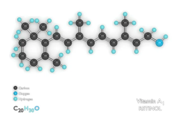 분자 모델 및 비타민 a 1의 공식의 3d 렌더링 — 스톡 사진