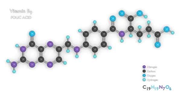 분자 모델 및 비타민 b 9의 3d 렌더링 — 스톡 사진