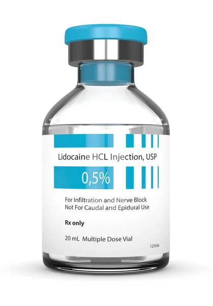 Renderização 3d do frasco de vidro de lidocaína sobre branco — Fotografia de Stock