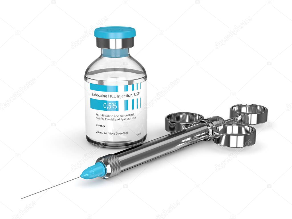 3d render of lidocaine glass vial with syringe