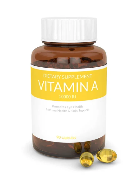 3d representación de la botella de vitamina A con cápsulas — Foto de Stock