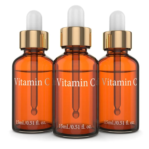 3d render de botellas de vitamina C con gotero —  Fotos de Stock