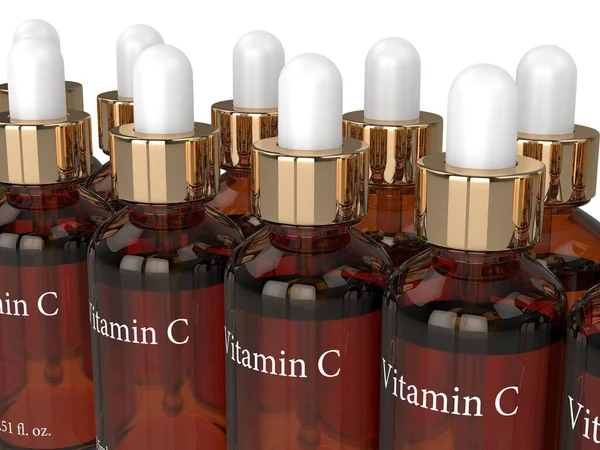 Renderização 3d de garrafas de vitamina C com conta-gotas — Fotografia de Stock