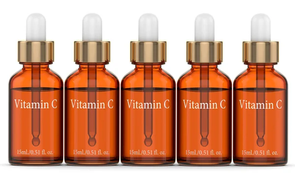 3d weergave van vitamine C flessen met druppelaar — Stockfoto