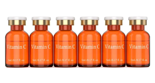 Rendering 3d di bottiglie di vetro di vitamina C con tappo flip off — Foto Stock
