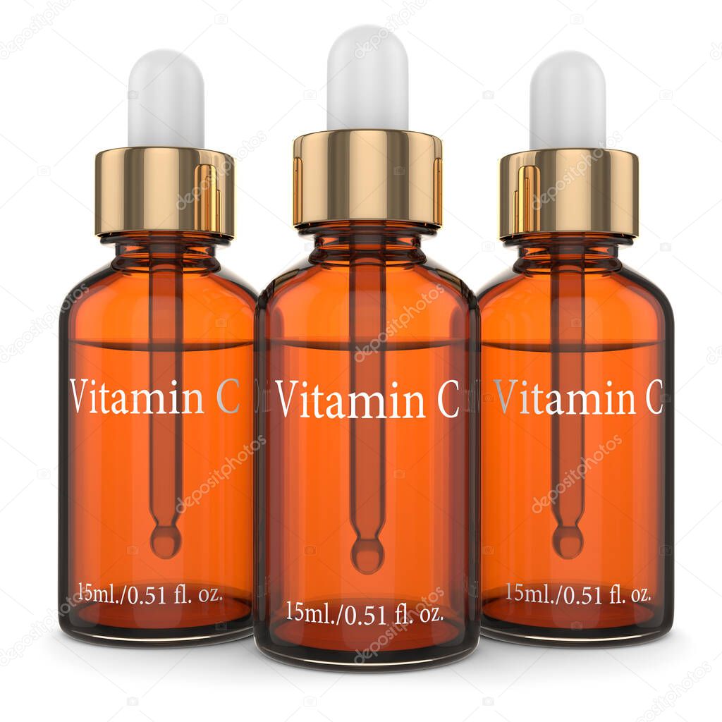 3d render of vitamin C bottles with dropper