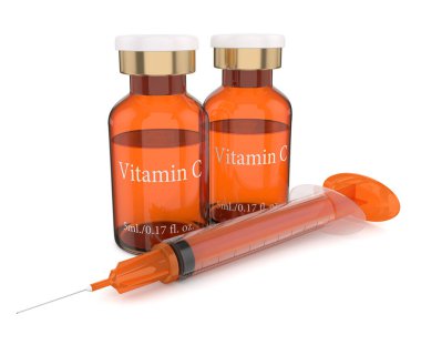 3 boyutlu C vitamini şişesi ve şırınga.