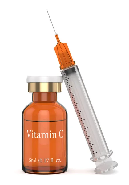 3d återgivning av C-vitaminflaska med spruta — Stockfoto