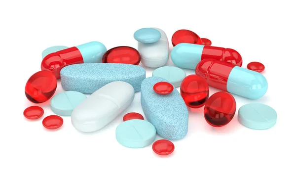 3d render of pills, tablets and capsules over white — Stock Photo, Image