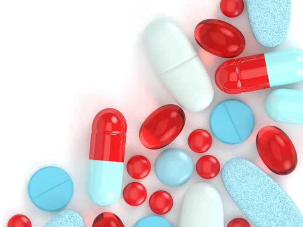 3d renderização de comprimidos, comprimidos e cápsulas sobre branco — Fotografia de Stock