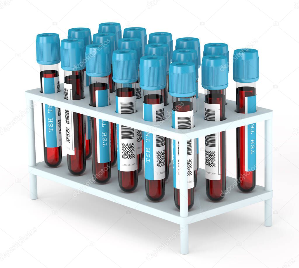 3d render of TSH test blood tubes in rack