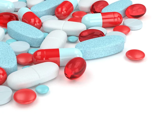 3d render of pills, tablets and capsules over white