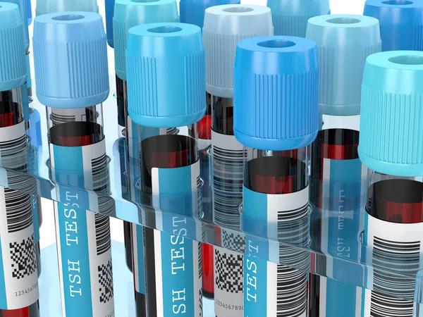 Renderização 3d de tubos de sangue de teste TSH em rack — Fotografia de Stock