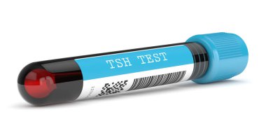 Tsh testinin 3 boyutlu görüntüsü beyaz üzerine kan tüpü.