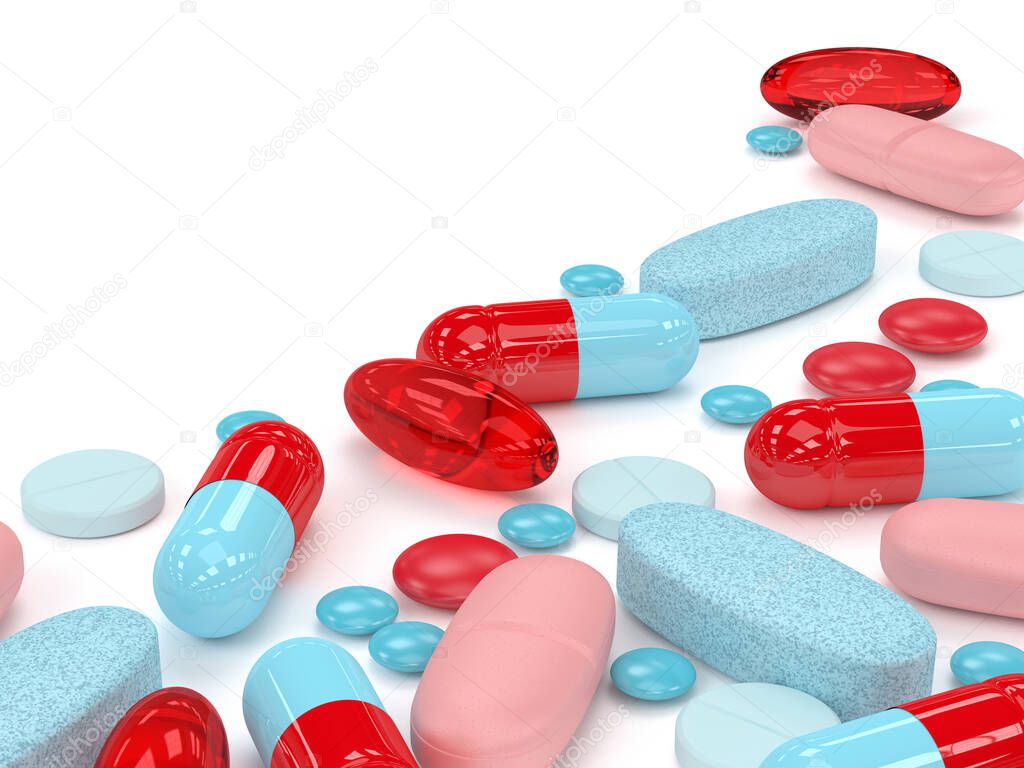3d render of pills, tablets and capsules over white