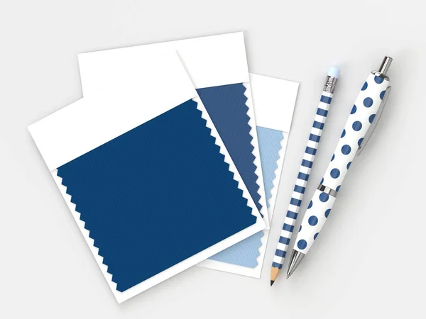 3d render of stationery with  textile color swatches lying on de — 스톡 사진