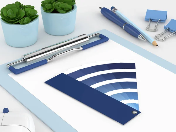 3D-Darstellung von Schreibwaren mit klassischer blauer Farbpalette — Stockfoto