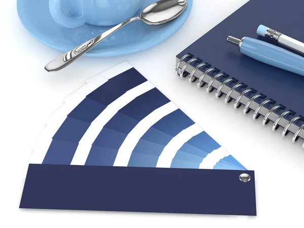 3D återgivning av skrivbord med klassisk blå färg palett guide — Stockfoto