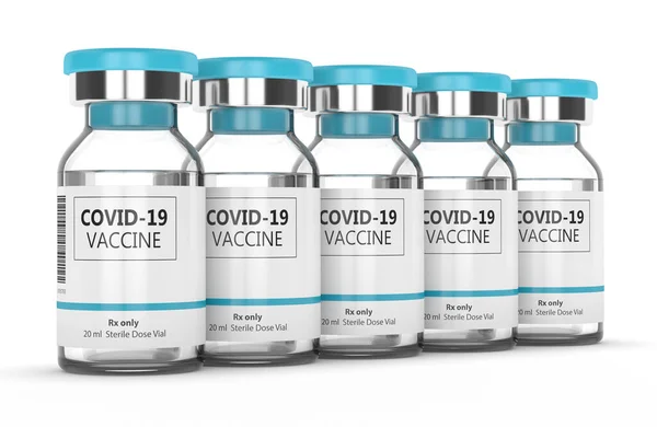Återgivning Injektionsflaskor Med Covid Vaccin Rad Över Vit Bakgrund — Stockfoto