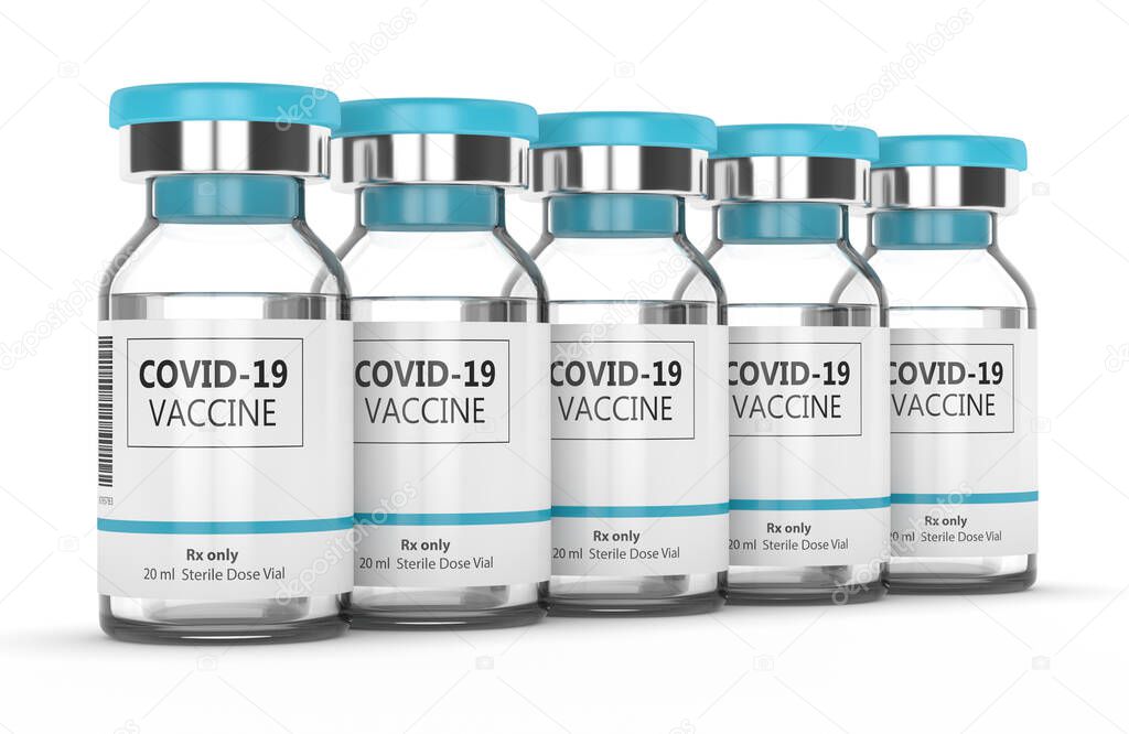 3d render of covid-19 vaccine vials in row over white background