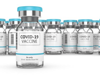 Beyaz arkaplan üzerinde 3D covid-19 aşı şişeleri